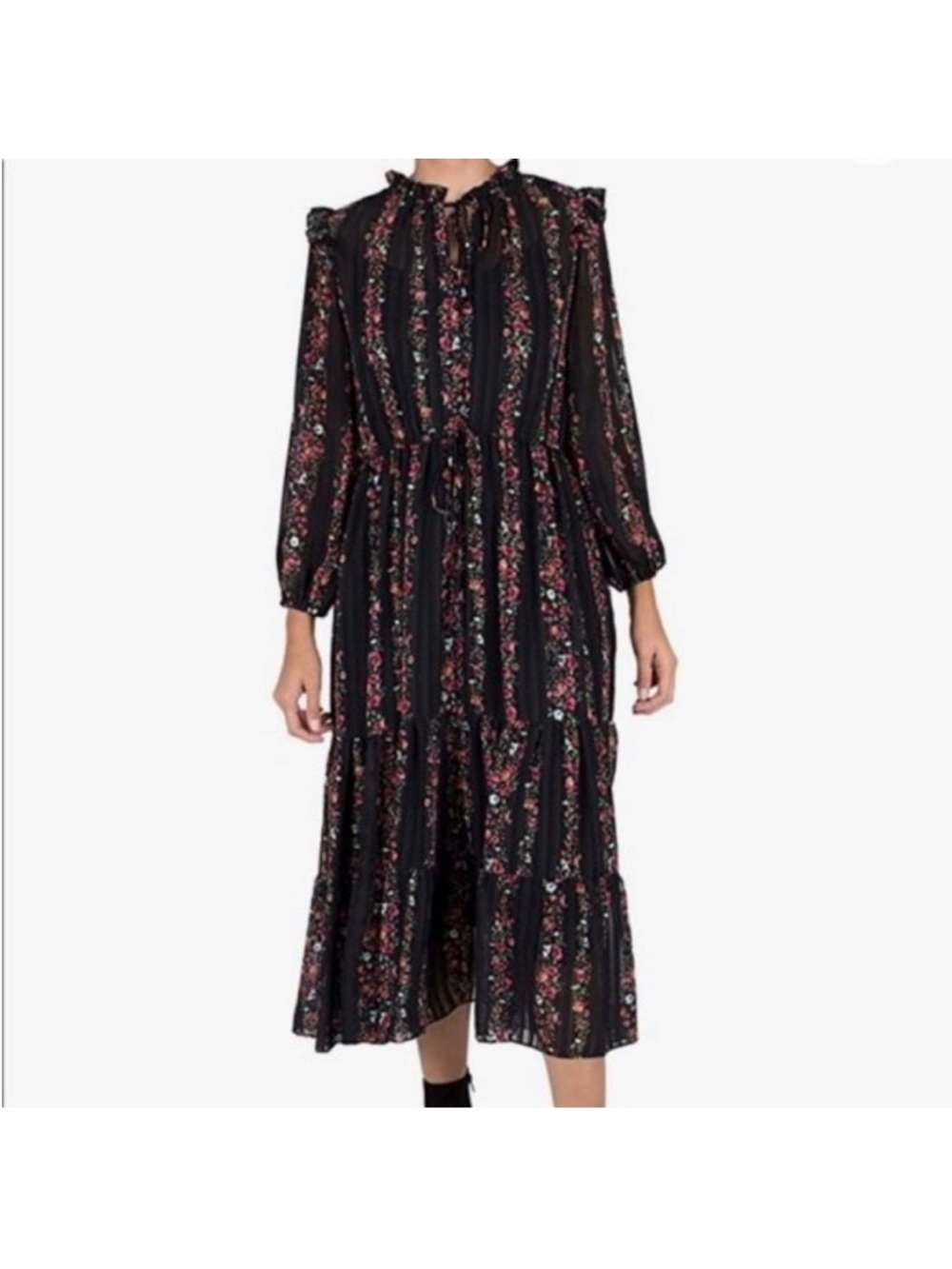 Women's Black Floral Long Sleeve Tiered Midi Dress - Picture 2 of 4
